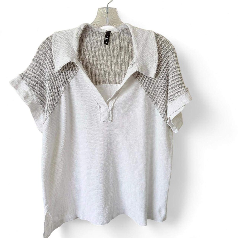 J.OUR White Raw Hem Ribbed Chunky Knit Colorblock Polo Shirt Top M